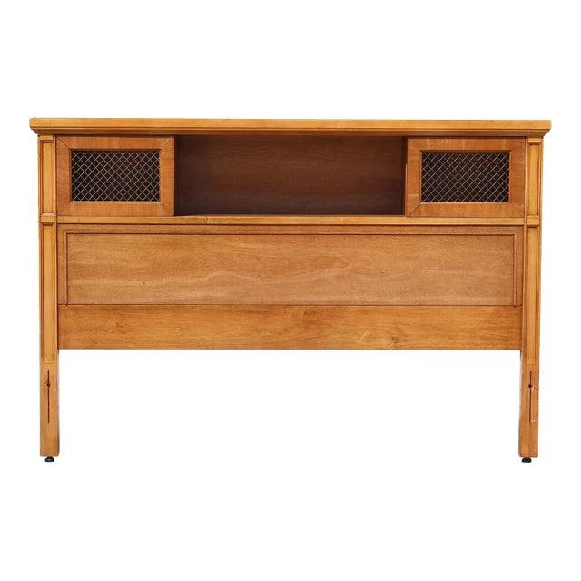 Mid-Century Modern Full Size Bar Headboard – 1970s Vintage Wood Frame With Storage & Brass Grille Panels For Sale