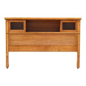 Mid-Century Modern Full Size Bar Headboard – 1970s Vintage Wood Frame With Storage & Brass Grille Panels