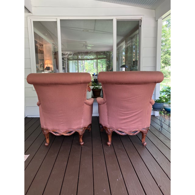 Henredon Henredon Upholstered English Arm Carved Base Club Chairs- A Pair For Sale - Image 4 of 17