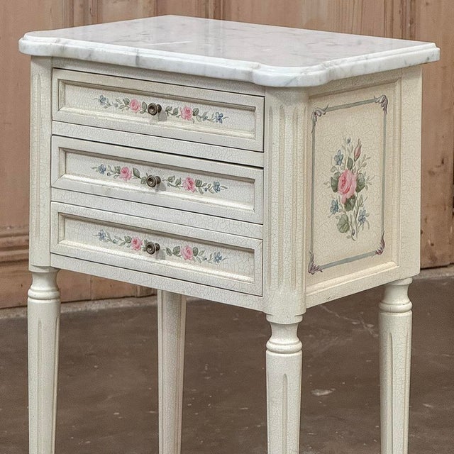 Antique White Late 20th Century Pair French Louis XVI Painted Side Tables ~ Nightstands With Carrara Marble For Sale - Image 8 of 18