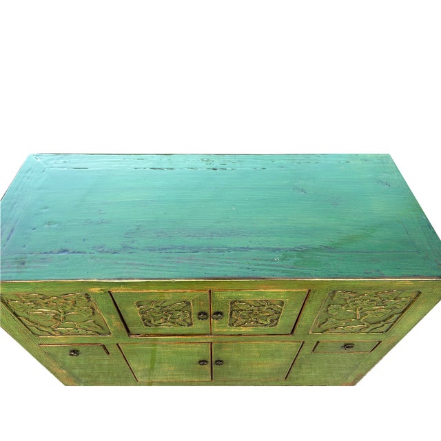 Oriental Distressed Lime Green Floral Carving Credenza Storage Cabinet For Sale - Image 4 of 5