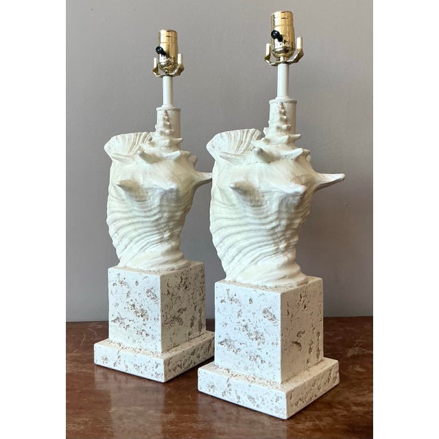 Vintage Coastal Cast Plaster Conch Shell Lamp - A Pair For Sale - Image 9 of 10