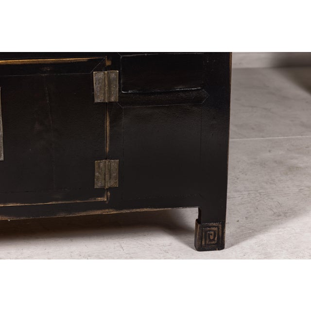 Black Lacquer Sideboard with Rubbed Edges, Brass Hardware, Doors and Drawers For Sale - Image 12 of 12