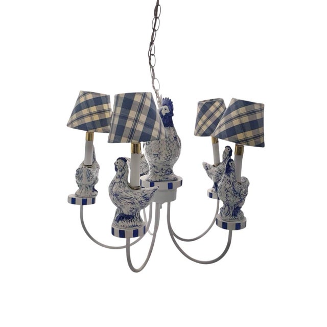 French Country Vintage Chandelier Blue White Ceramic Rooster Chicken French Country Lighting For Sale - Image 3 of 8