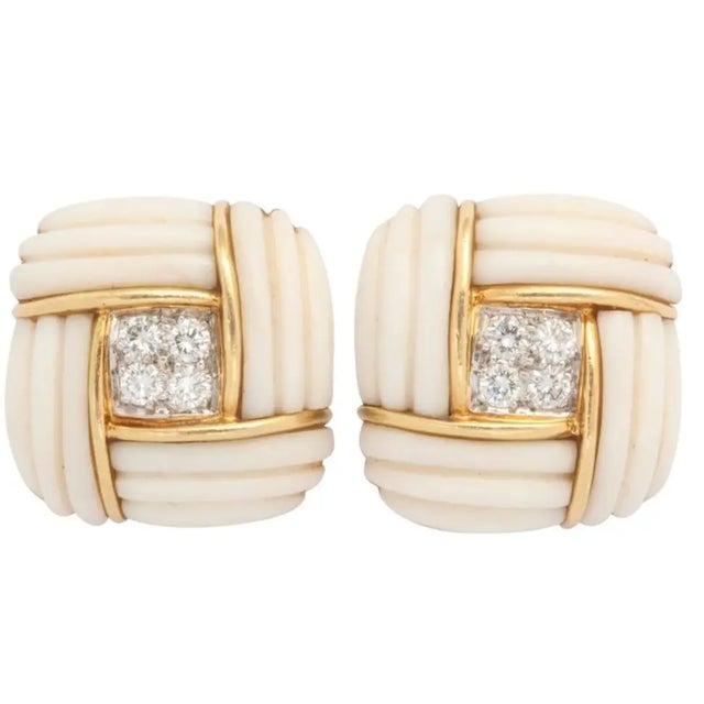 White coral and 18kt yellow gold clip-on Earrings each set with 4 diamonds SIGNED Turi Dimensions 25mm x 25mm or 1" x 1"...