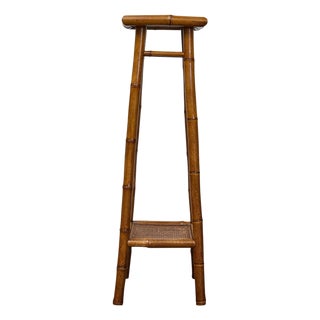 Rustic 1920s English Walnut Faux Bamboo Stand with Rattan Top and Two Shelves For Sale