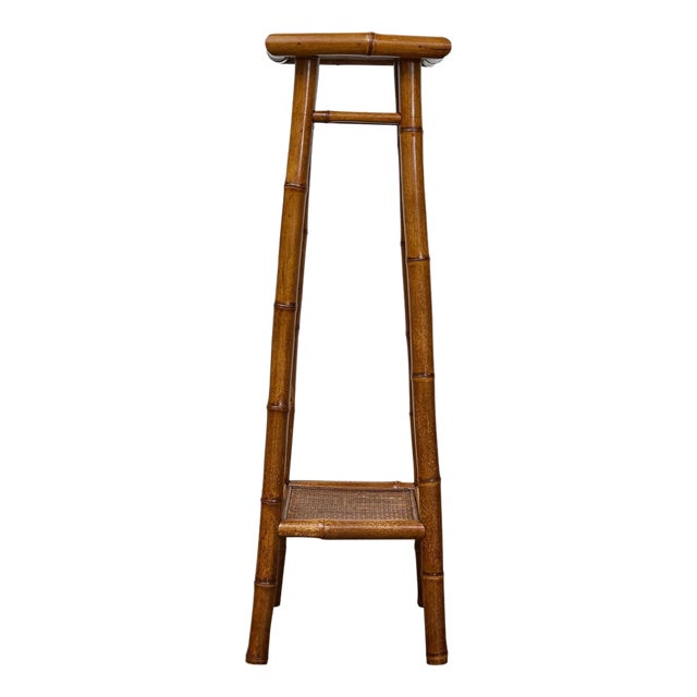 Rustic 1920s English Walnut Faux Bamboo Stand with Rattan Top and Two Shelves For Sale