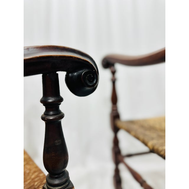 Pair of Antique 18th Century Queen Anne Style Mahogany Armchairs With Rush Seats For Sale - Image 14 of 14