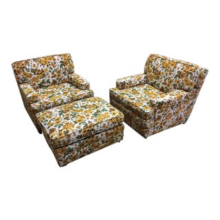 Mid-Century Floral Pattern Lounge Chairs and Ottoman-Set of 3 For Sale