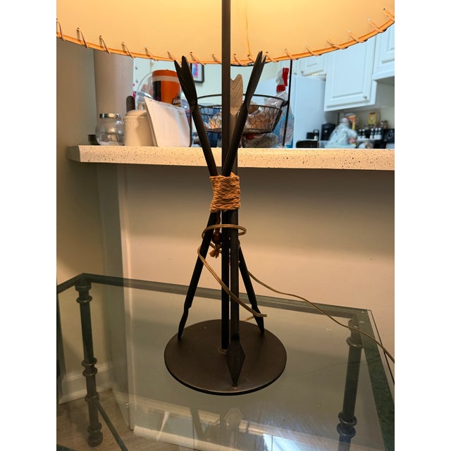 Large Vintage Cast Iron Arrow Lamp With Leather/Paper Shade RARE! 32in Excellent condition fully working Original cord...