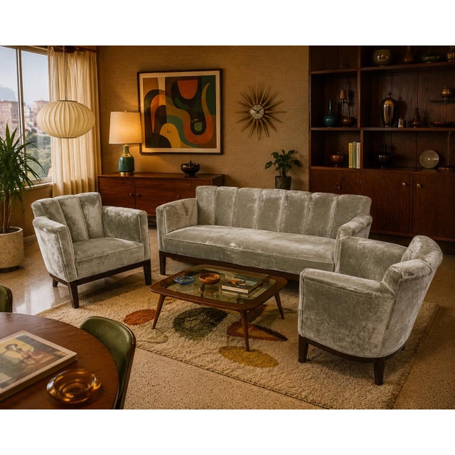 These are a mid-century club chairs and Sofa set in a velvet fabric, with a distinct scalloped, channel-tufted backrest...