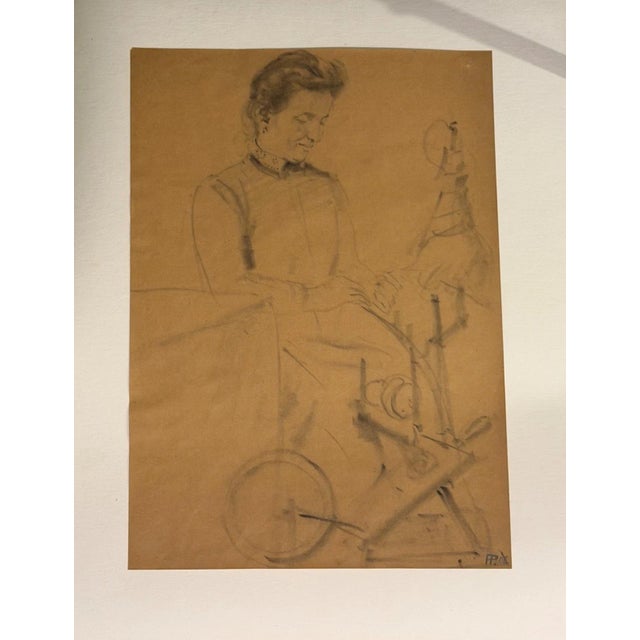 1990s Heinrich Pforr, Peasant Woman at the Spinning Wheel, Pencil on Paper For Sale - Image 5 of 11