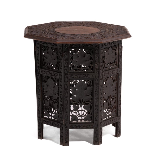 English Anglo Indian Teak Octagonal Folding Side Tea Table Hand Carved Campaign Original Finish 1900 For Sale - Image 3 of 18
