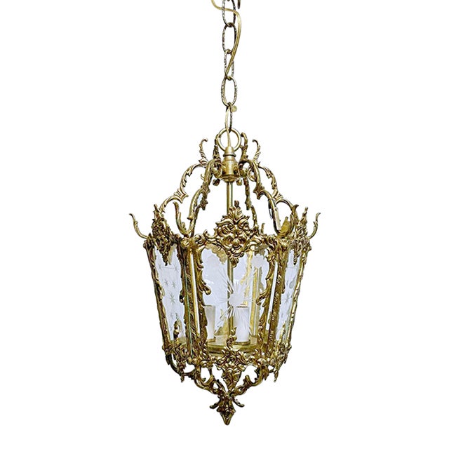 1930s Vintage Bronze Lantern With Etched Glass Panels For Sale