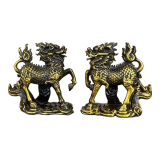 Pair of Gilt Bronze Qilin Statues – 2.2" Mythical Beast Figures on Cloud Bases For Sale
