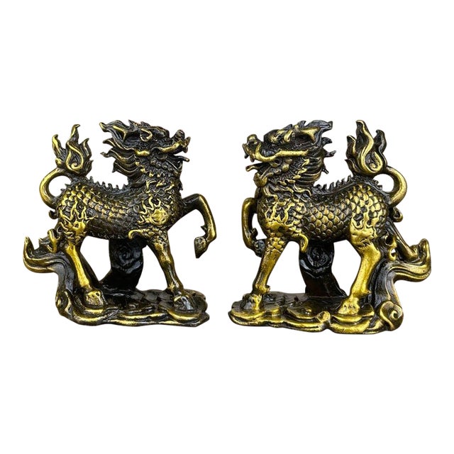 Pair of Gilt Bronze Qilin Statues – 2.2" Mythical Beast Figures on Cloud Bases For Sale