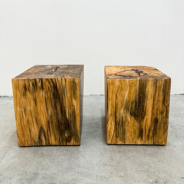 Mid-Century Modern Vintage Sculptural Spalted Maple Wood Block Stools or Side Tables, Pair For Sale - Image 3 of 12