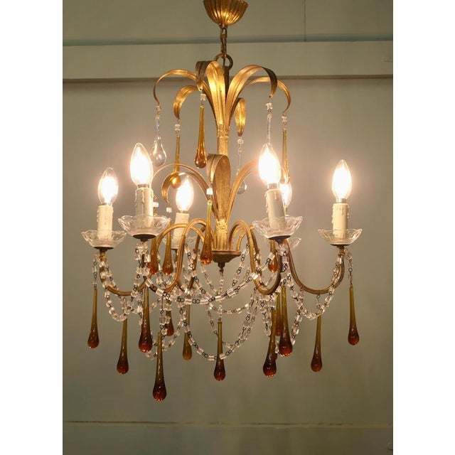 1910s French Gilt Tolewear Chandelier with Amber Crystal Teardrops, 1910 For Sale - Image 5 of 9