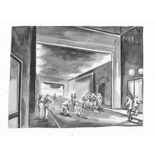 1960s watercolor on paper of a city street with curious figures on it. Unsigned. Combined shipping available, please inquire.