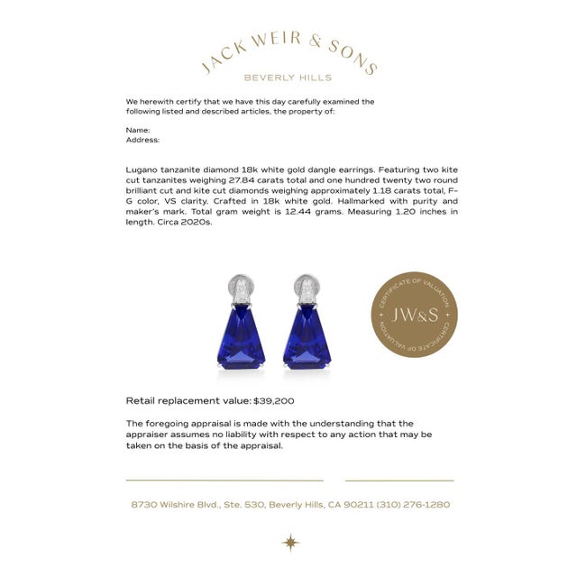 Metal Lugano 27.84 Carat Tanzanite Diamond 18k White Gold Dangle Earrings, A Pair For Sale - Image 7 of 7