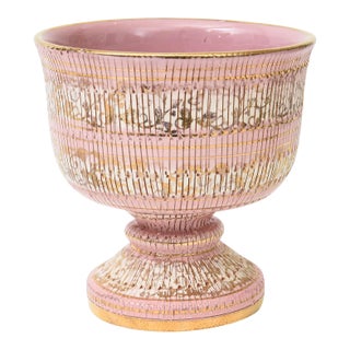 Vintage Aldo Londi for Bitossi Seta Ceramic Pedestal Bowl Pink, Gold, Off White Italian Hallmarked For Sale