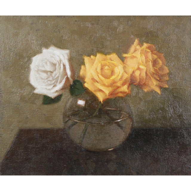 This painting features a delicate arrangement of three rosestwo vibrant yellow and one pure whiteset against a muted...