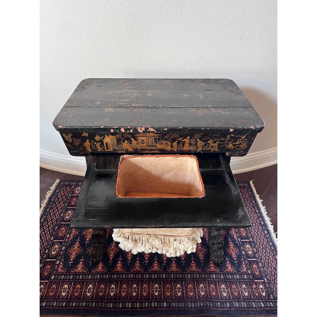 Antique 19th Century Chinese Export English Chinoiserie Black Laquered Sewing Table, Work Table For Sale - Image 4 of 12