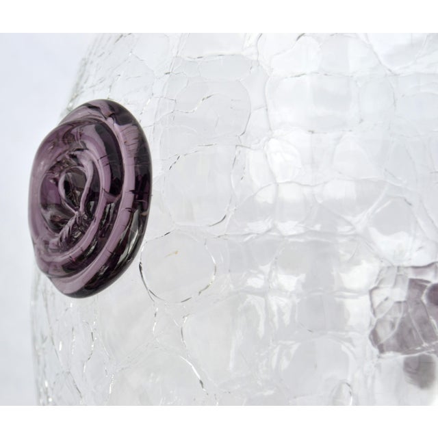 1960s Large Blenko Crackle Art Glass Vase Textured Clear Surface Purple Flowers For Sale - Image 9 of 18