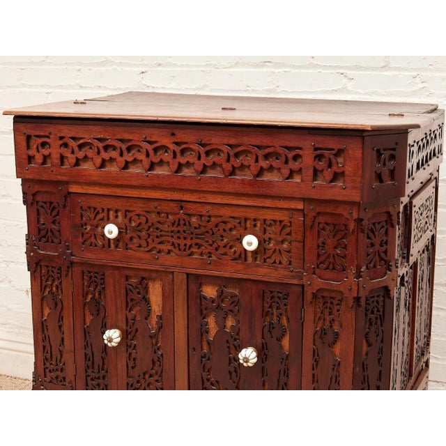 Wood Asian Heavily Hand Carved Flip Top Dry Bar Cabinet For Sale - Image 7 of 10