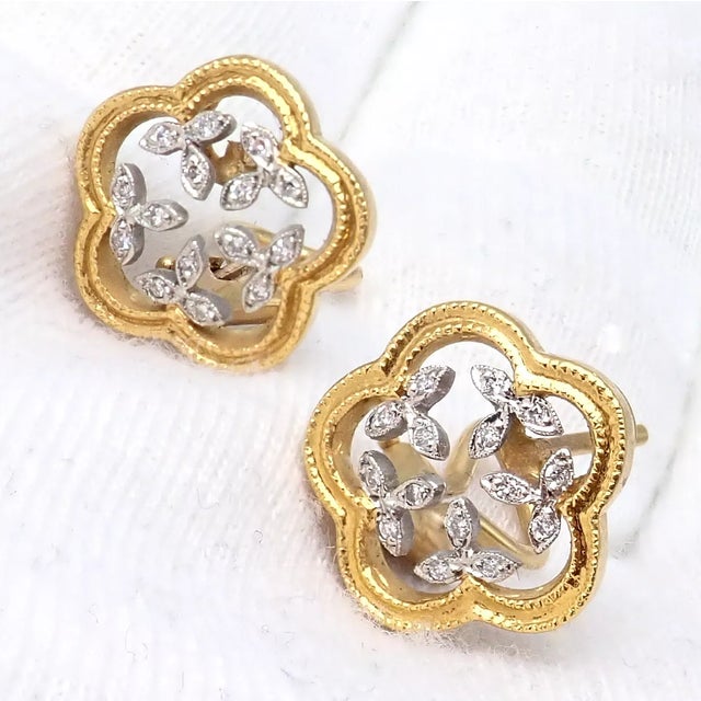 Metal Cathy Waterman Yellow Gold Platinum Diamond Vine Flower Earrings, A Pair For Sale - Image 7 of 10