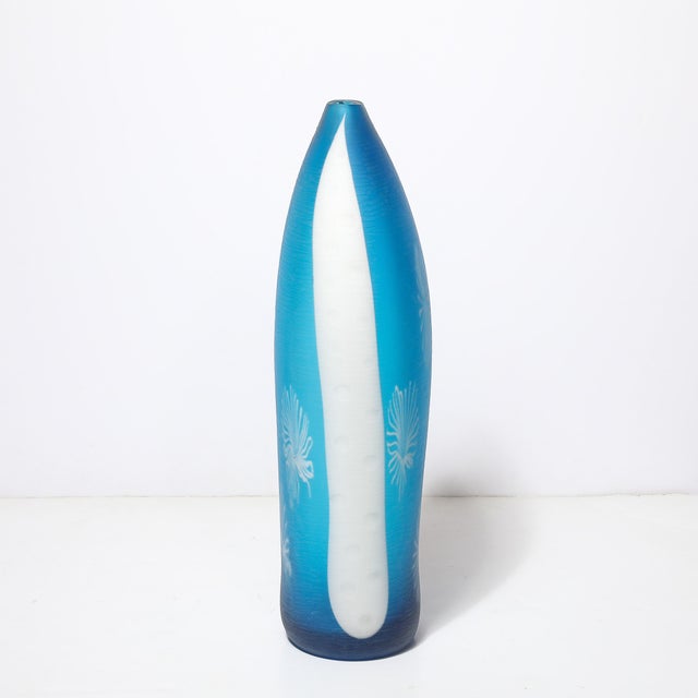 Mid-Century Hand-Blown Cerulean Blue Murano Glass Vase W/ Battuto Texturing For Sale - Image 15 of 16