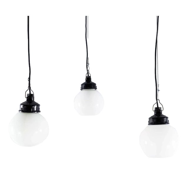 Small Industrial Opaline Globe Pendant Lamp, 1940s For Sale