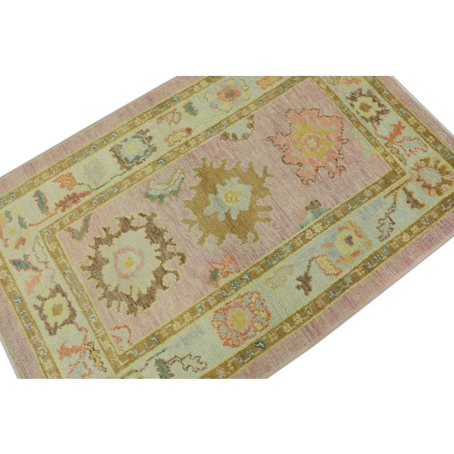 Modern Pink Multicolor Handwoven Turkish Oushak Rug 3'4" X 5'1" For Sale - Image 3 of 5