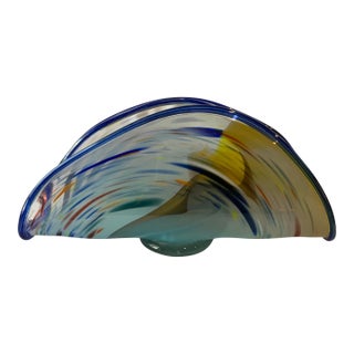 Art Glass Signed Blue Swirl Clam Shaped Vase For Sale