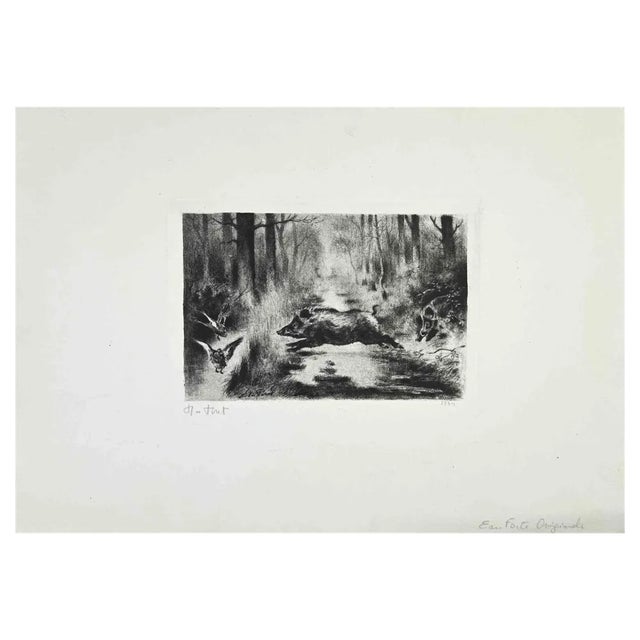 Xavier de Poret, The Wild Boars, Etching, 1934 For Sale