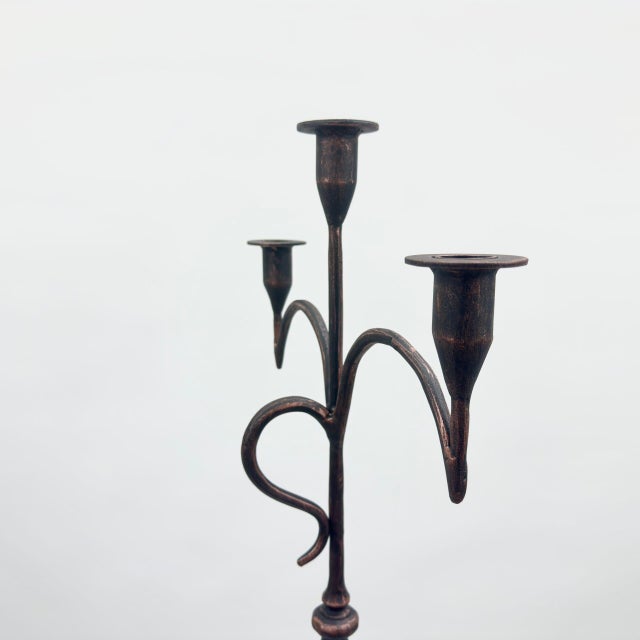 Hand Forged Iron Floor Candelabra 50.5″ (128cm) Antique Copper Patina 3-Arm Tall & Slim Candle Holder Rustic Decor For Sale - Image 4 of 7