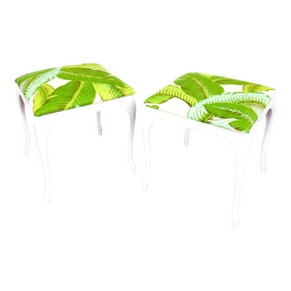 Vintage Dorothy Draper Inspired Hollywood Regency Palm Leaf Print Benches - a Pair For Sale