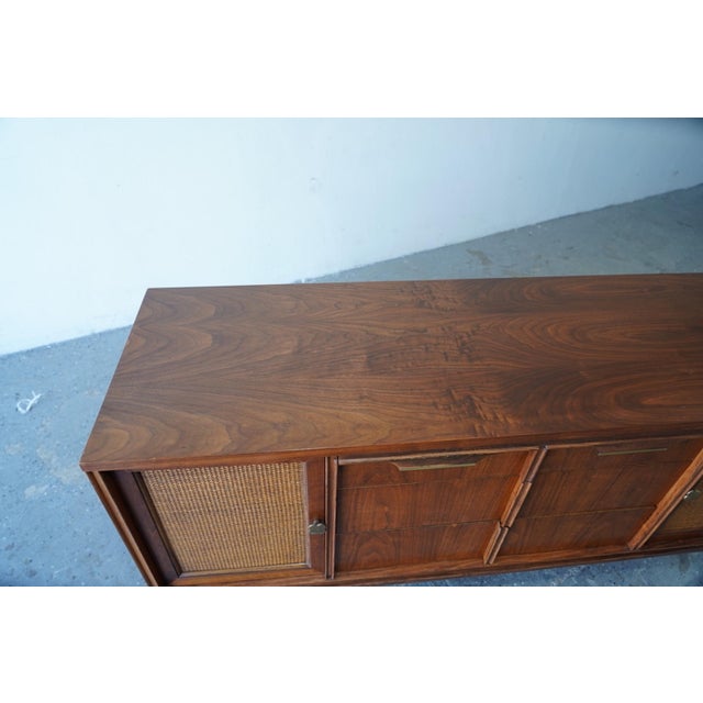 1960s Mid Century Modern Walnut Cane Front Media Console Credenza by
