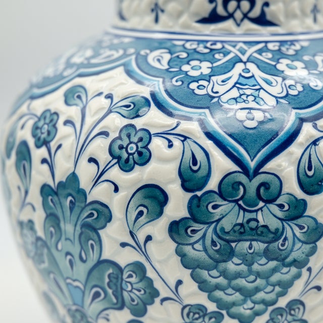 Handmade Ceramic Ata Vase (30cm) Turquoise Relief Floral with Scale Texture For Sale - Image 4 of 9