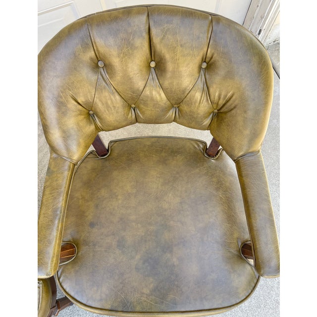 Set of Four Vintage Lewittes Tufted Sage Vinyl Club/Conference Chairs With Brass Casters For Sale - Image 13 of 17