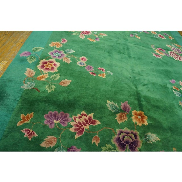 Art Deco 1920s Green Floral Modern Antique Chinese Art Deco Rug 8' 8"x11' 4" Handknotted Wool Carpet For Sale - Image 3 of 7