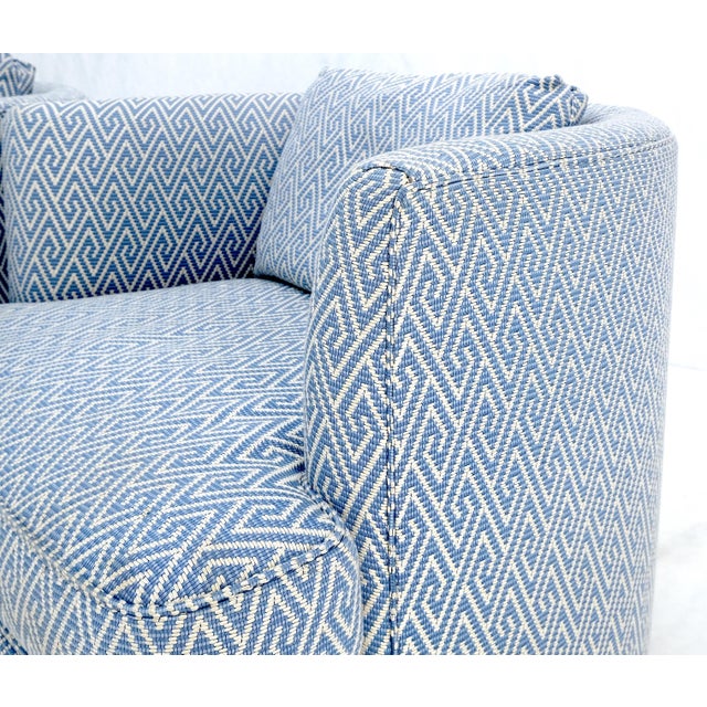 Pair of Blue & White Upholstery Vintage MCM Barrel Back Swivel Chairs