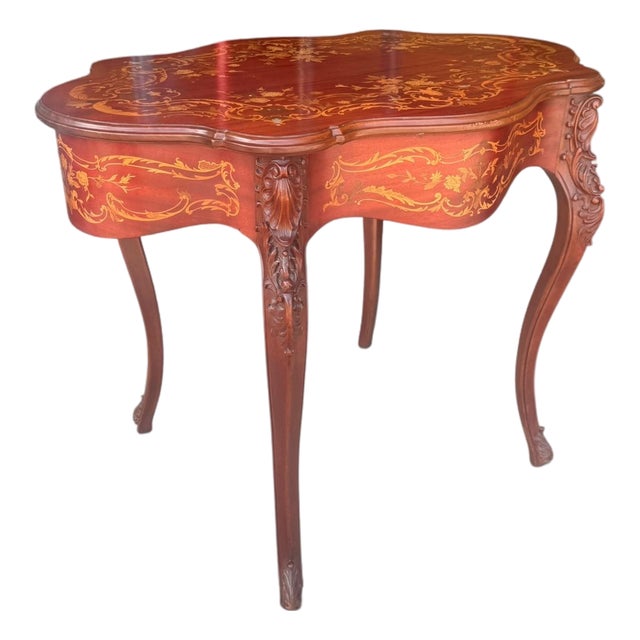 Vintage Rococo Style Printed Marquetry Accent Table For Sale
