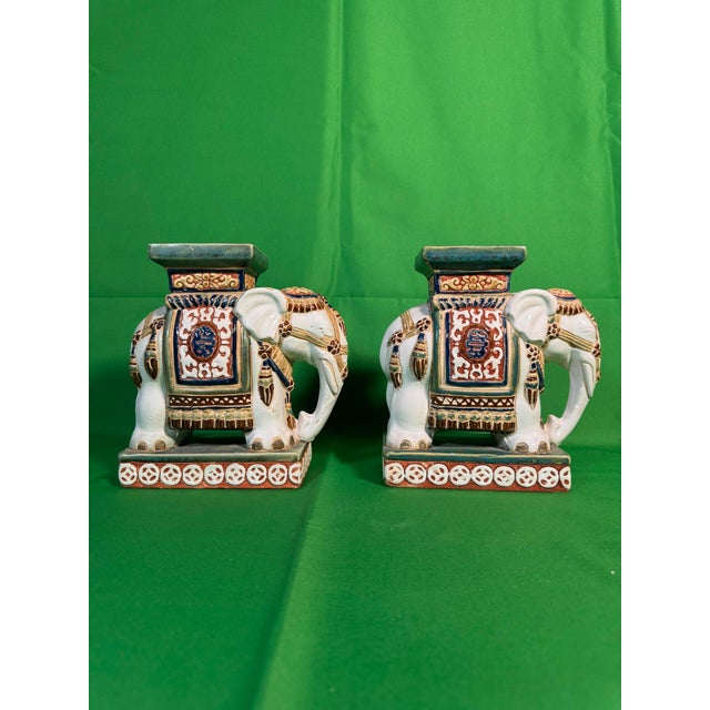 Mid 20th Century Pair of Polychrome Ceramic Elephant Plant Stands With Shou Medallions For Sale - Image 4 of 7