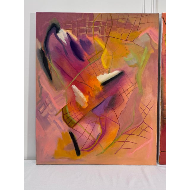 Vintage Contemporary Abstract Expressionism Diptych Original Oil Paintings, a Pair, Magenta, Orange & Plum For Sale - Image 4 of 18