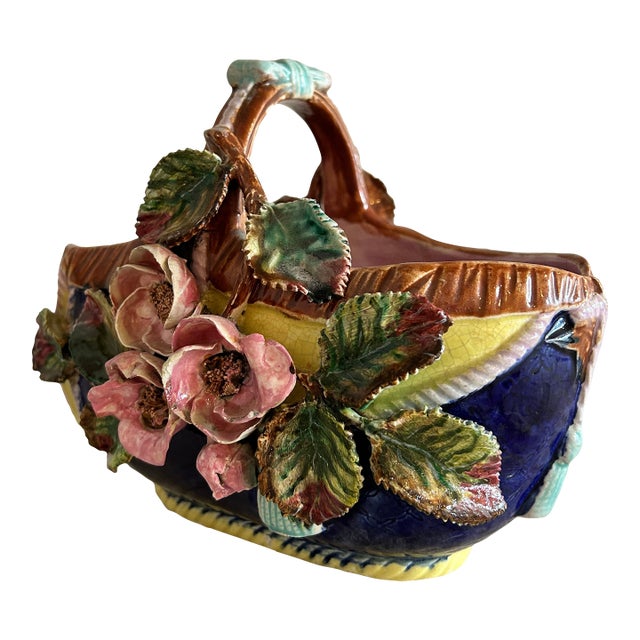 Antique French Barbotine Majolica Basket Vase Applied Rose Vase For Sale