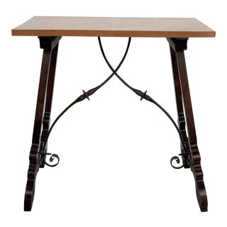 19th Century Baroque Spanish Side Table With Marquetry Top and Lyre Carved Legs For Sale