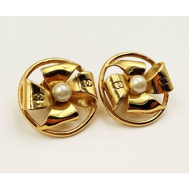 Contemporary Chanel Vintage Gold Plated Windmill Pearl Clip on Earrings, A Pair For Sale - Image 3 of 4