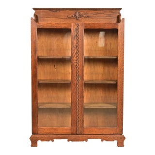 Antique Victorian Two-Door Carved Oak Bookcase Cabinet, Circa 1900 For Sale