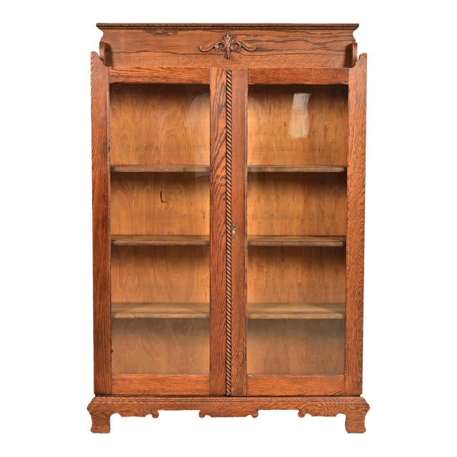 Antique Victorian Two-Door Carved Oak Bookcase Cabinet, Circa 1900 For Sale